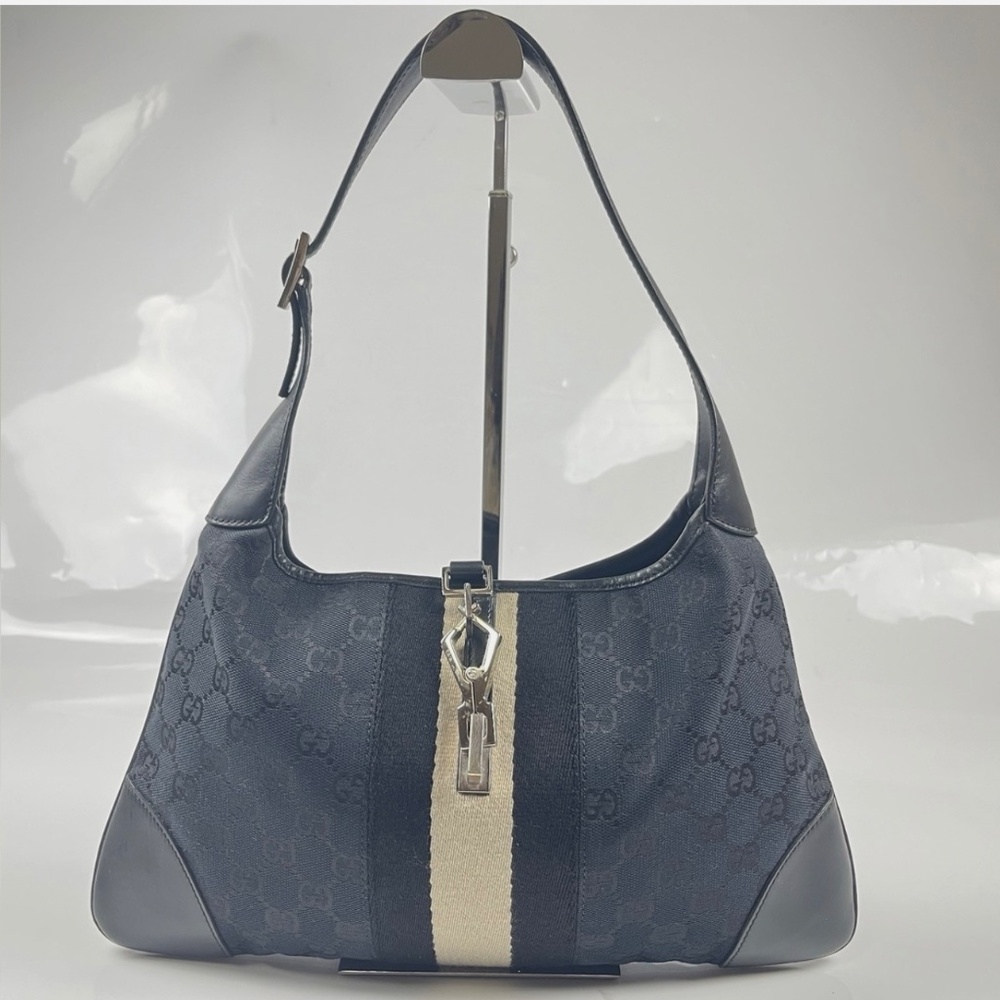GUCCI Jackie GG Canvas Web Stripe Shoulder Bag Black Leather Vintage Authentic - Picture 9 of 13
